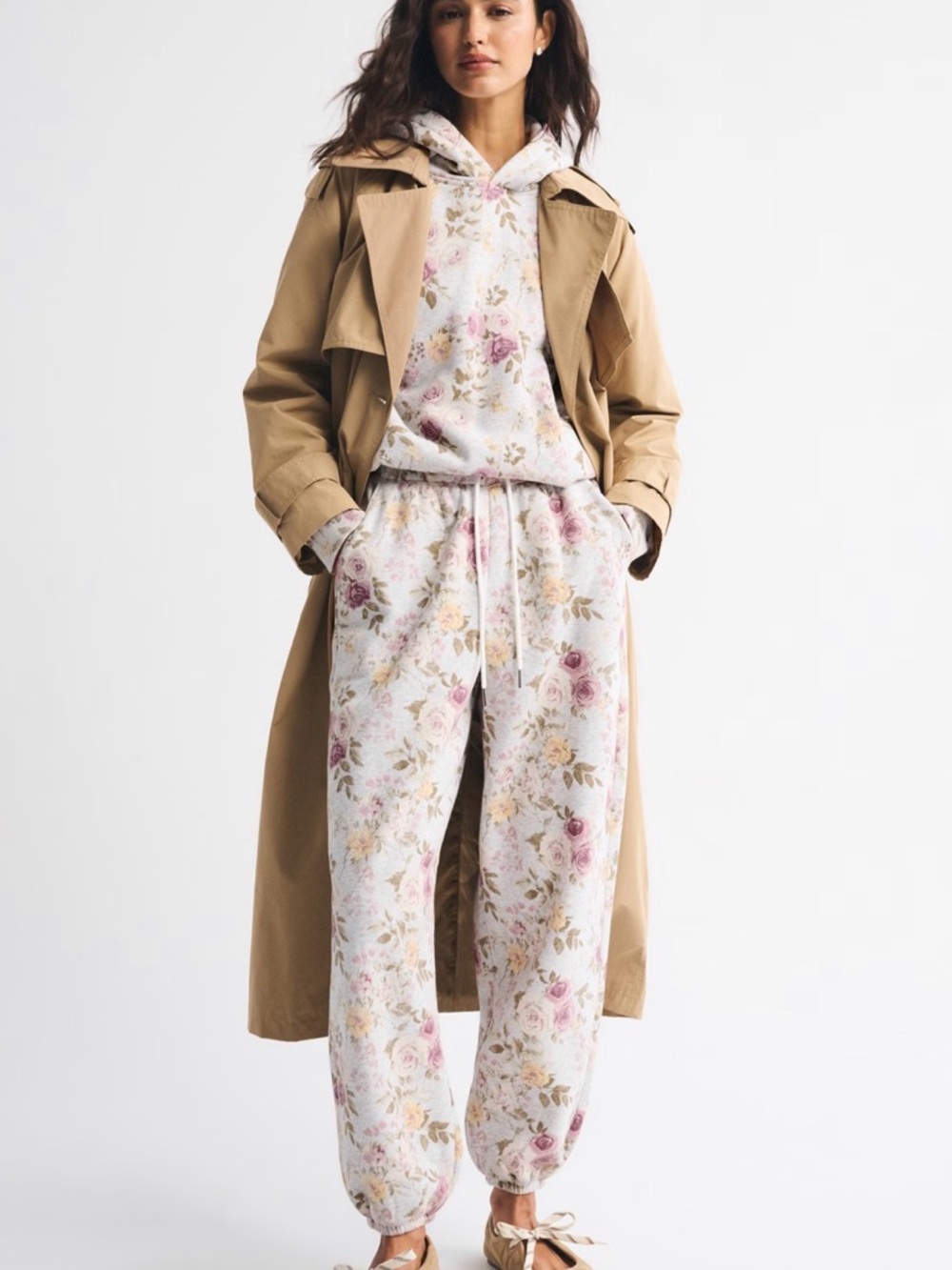 NWT Abercrombie &Fitch Floral Hooded Sweatshirt Light Gray W Dusty Rose S & M - Picture 6 of 8